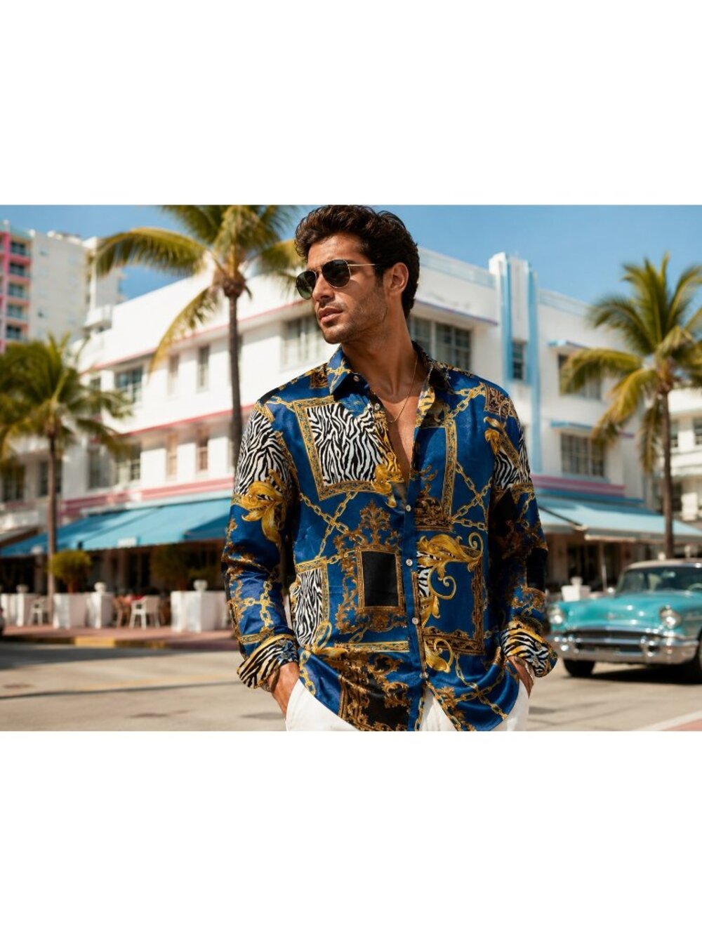 Guess Los Angeles Mens Baroque Chain Print Satin Blue Gold Zebra  Size L Vacay